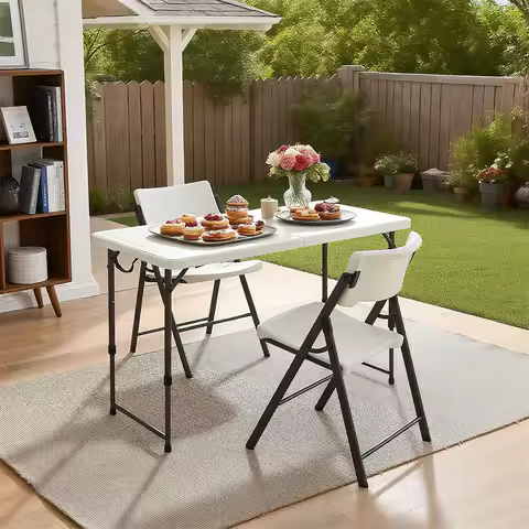 4FT Folding Table with Tablecloth, Portable Plastic Desk for Home Office, Heavy Duty Dining Table fo
