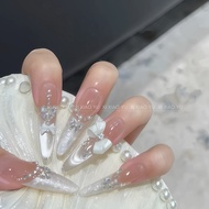 fake nails handmade nails [White Lovers] French Threaded Wedding Nails Exquisite Whitening High-End 