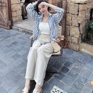 Women's long pants set, women's loose pants set, three-piece plaid shirt, tank top with shorts G247