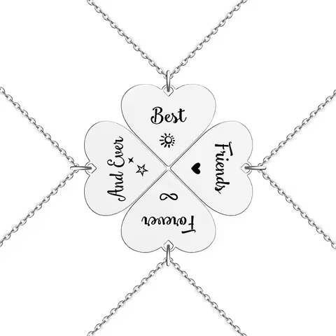 4 Pcs Heart Four Leaf Clover Pendant Necklace Stainless Steel Best Friends Forever And Ever Necklace