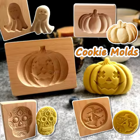 Wooden Cookie Molds for Halloween, 3D Carved Embossed Gingerbread Mould for Baking, Pumpkin Skull Gh