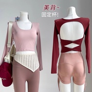 【MAGGIEYOGA】(Fixed Padded) Woman Sports Long Sleeves Knot Low Back Casual Crop Top Gym Yoga