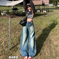 Quần Jeans Denim Rộng Cạp Lows Washed Retro Blade Lightning Pattern Quần Jeans Nữ Thường Ngày Cạp Ca