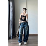 QCL1 loose embossed waistband jeans (77157)