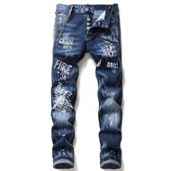 Dsquared2ยี่ห้อ Mens Slim กางเกงยีนส์คุณภาพสูง DSQ พิมพ์ Ripped High Street Denim กางเกง Hip Hop Ela