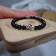 999純銀 招財小貔貅配黑碧璽水晶手串