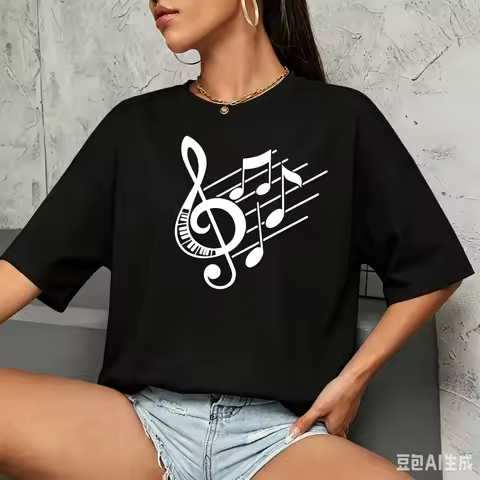 New Women T Shirt Music Note Printed Tshirt Female Summer Casual Short Sleeve O-neck T-shirt Tops To
