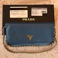 7成新 國際精品 Prada woc 長夾 鏈包 水藍色 背帶可拆 可當長夾 手拿包 出國旅遊方便
