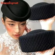 Elegant Hepburn Style Flat Top Mesh Top Hat - Sweet Black White Woolen Dome Cap - Retro Classic Wedd
