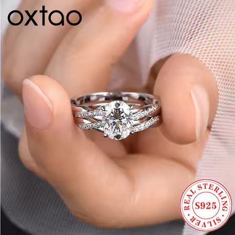 OXTAO 7x9mm 2.0 Carat Oval Cut Moissanite Engagement Ring Set 925 Sterling Sliver Wedding Promise Ba