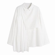 เสื้อเชิ้ตผู้หญิงทรงหลวมเอวสั้น EAM STUDIO ดีไซน์ไม่สมมาตร สไตล์สตรีท แขนยาว คอโปโล ทรงหลวม ผ้าฝ้ายโ