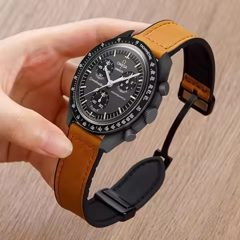 Leather+Silicone Band For Omega X Swatch Joint MoonSwatch Strap Magnetic Bracelet Vintage Band For M