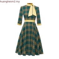 Women Vintage Plaid Dress With Pocket Rockabilly Cocktail Party 1950s 40s 50s Swing Dress Long Sleev