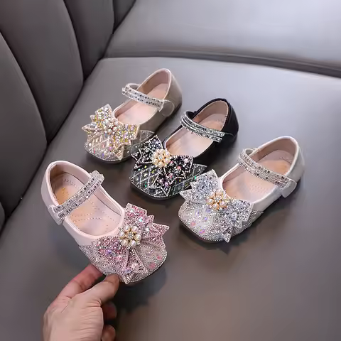 Spring Autumn Girl Princess Shoes Rhinestone Bowtie Kids Leather Shoe Fashion Causal Sequins Childre