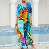 Dn1094 in ấn bãi biển Áo v-cổ foral Đầm maxi quá khổ kaftan tay ngắn Bộ Đồ Tắm Bikin Bìa UPS 2024
