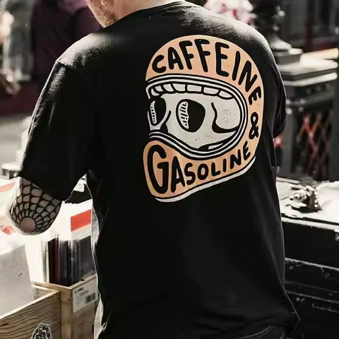 Caffeine Gasoline Skull Men Cotton TShirt Vintage Streetwear Retro Graphic Tee Hipster Biker Casual 