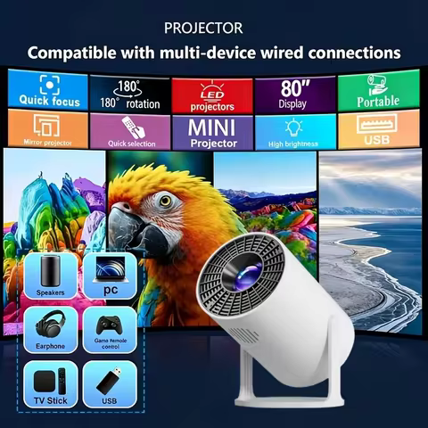HY300 Home Projector 4K 200ANSI HDMI Screen Mirroring Cinema Outdoor Portable 180° Rotatable Project
