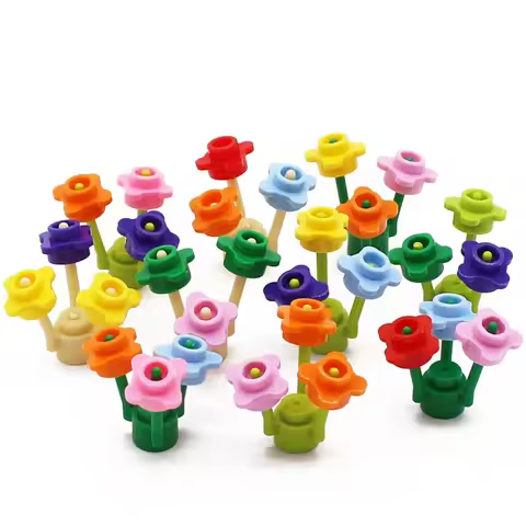 Small Building Block 4 Petal Flowers Flower Stem Plant Landscape Flower Bed Ornament Compatible with