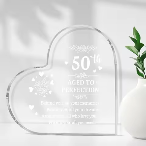 2D Flat, Elegant 50th Birthday Acrylic Souvenir - Art Deco Style Heart-shaped Base with Inspirationa