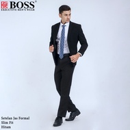 BOSS Setelan Jas Formal Pria Slim Fit RJB Hitam