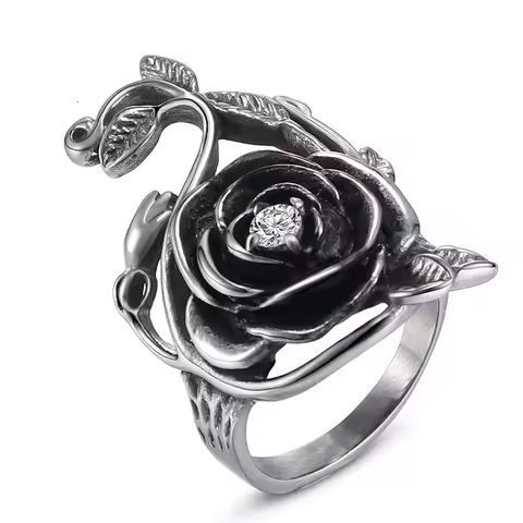 Fashion Rose Flower Ring With Rhinestone Stainless Steel Charm Vintage Personality Rose Women Jewelr