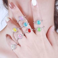 S925 Sterling Silver 1.5ct Hundred Faces Flame Ice Flower Ring High-End Luxury 6 * 8 Oval Colorful T