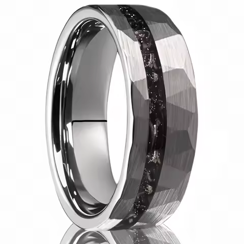 8mm hammered inlaid meteorite fragment tungsten ring, men's wedding band ring, comfortable fit jewel