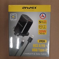 awei 20W PD+QC3.0 雙插頭英式三腳充電器 + USB-C to Lightning PD閃充數據線套裝 (共2條充電線)