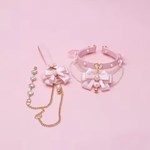 High-quality Handmade Collar Cute Pink Bow Copper Bell Leash Microfiber Leather Restraint Gear SM Di
