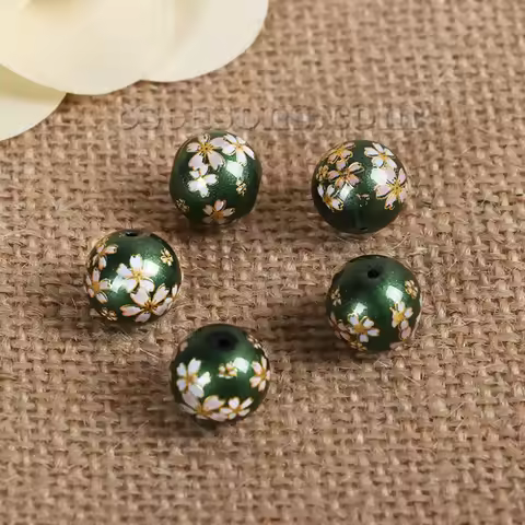 5PCs 10mm Glass Vintage Painting Japanese Tensha Beads Round Flower Imitation Pearl Beads Diy Bracel