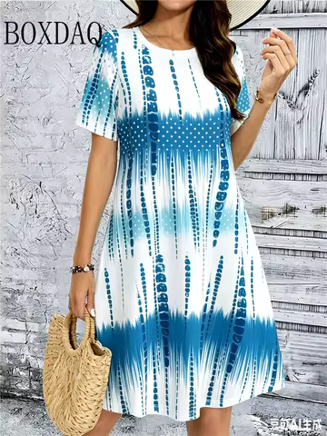 Tie Dye Gradient Striped Printing Dresses For Women Summer Fashion Plus Size Dress Casual Short Slee