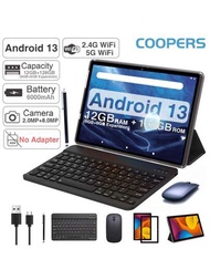 Coopers平板2024最新款,2合1平板10英吋,android 13平板電腦,12gb（6gb+6gb 擴展）ram 128gb Rom 1tb 擴展,四核心雙攝像頭,6000mah,2.4g/5g/wifi 6無線 5.0,配鍵盤鼠標手寫筆的wifi平板電腦-黑色