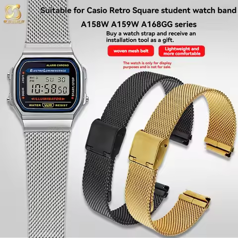 For Casio A159W-N1 A158WA A168 F91 AE1200 1300 series retro small square Milan woven stainless steel