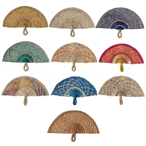 Natural Seaweed Straw Fan Handmade Semicircular Grass Woven Fan Boho Style Handheld Fan Home Decor