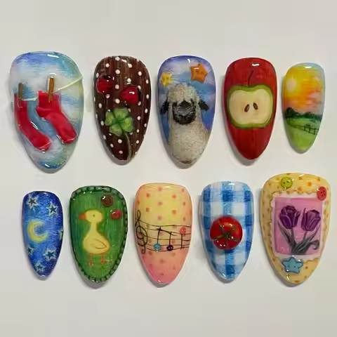 24PCS Colorful Almond Press on Nails Cute Cartoon Fruit Y2k Stars Patterns Fake Nails Spice Girls We