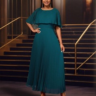 Đầm Maxi xếp ly màu xanh lá cây đậm thanh lịch AOMEI dành cho nữ, cổ tròn, tay áo choàng, dáng cong,