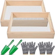 Therwen 2 Set Soil Sifter Rock Sifter Dirt Sifter Wood Held Soil Screen Compost Sifter 0.24'' Mesh with Gloves and Shovels for for Bonsai Plants Potting Vegetables Sand Leaves Worm Gardening Tools