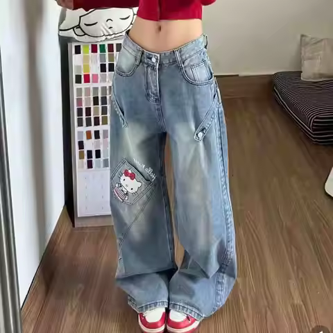 Sanrio Jeans Harajuku Y2K Hello Kittys Trend Anime Kawai Kt Wide Leg Pants Loose for Women Trouser S