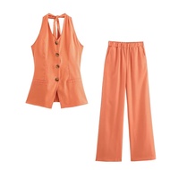 WillshelaI ชุดสูท Y2K 2ชิ้นสำหรับผู้หญิงเสื้อแขวนคอ & กางเกงผู้ชายขาสามส่วนวินเทจสูทกางเกงสตรีเก๋ไก๋