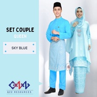 [SKY BLUE] SET COUPLE QUEEN BAJU MELAYU CEKAK MUSANG SLIMFIT KURUNG SONGKET PRINTED RAYA SEDONDON TU