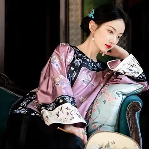 Qing Dynasty Vintage Satin Purple Flowers Printed Long Sleeves Tang Suit Tops Women Traditional Tang