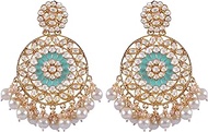 Bollywood Jewellery Traditional Ethnic Bridal Bride Wedding Bridesmaid Designer Gold-Plated Kundan Stone LightGreen Dangler White Pearl Stone Studs Earrings For Women &amp; Girl's