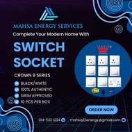 SWITCH SOCKET OUTLET| CROWN 9 SERIES | 10PCS PER BOX | AUTHENTIC |WHITE| BLACK| PUSH BUTTON |SIRIM APPROVED