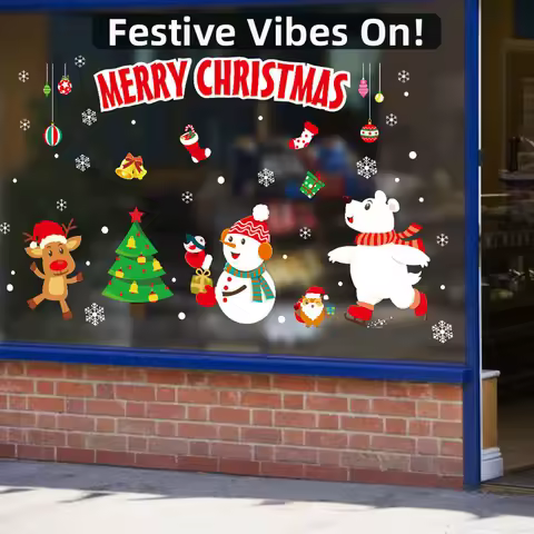 Christmas PVC Clings Stickers For Wall And Window Glass Store Showcase 2025 New Year Merry Xmas Deca
