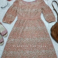 Dress dusty pink shabby flower vintage kawai Feroux lengan 3/4