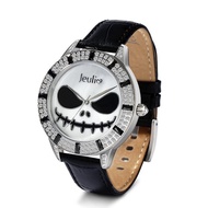 Jeulia Skull Watches for Women Diamond Quartz Slim Black Leather Wristwatch Glass Unisex Sports Busi