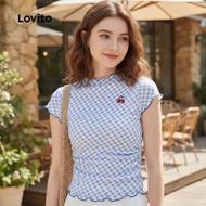 Lovito Women's Blue Embroidered Casual T-shirt for Spring/Summer L151AD476