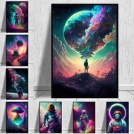 Colorful Astronaut Space Trip Landed with Poster Canvas Painting - Weed Planet Wall Art for Living Room Home Decoration