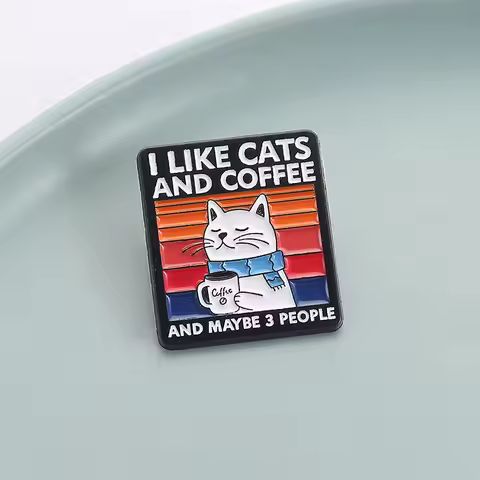 Cartoon Animal Cat Brooch Pins I Like Cats And Coffee And Maybe 3 People Badge Enamel Lapel Pin Back