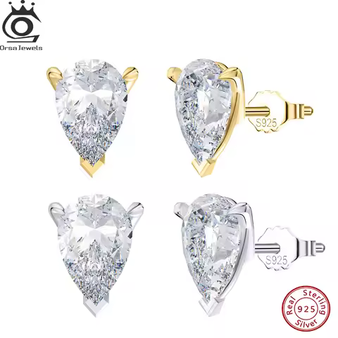 ORSA JEWELS 925 Sterling Silver Stud Earrings with Water Drop Cut Zirconia Stone, Elegant and Timele